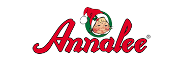Company logo for Annalee featuring red cursive lettering with an illustration of a smiling elf face wearing a red Santa hat inside a green circle.