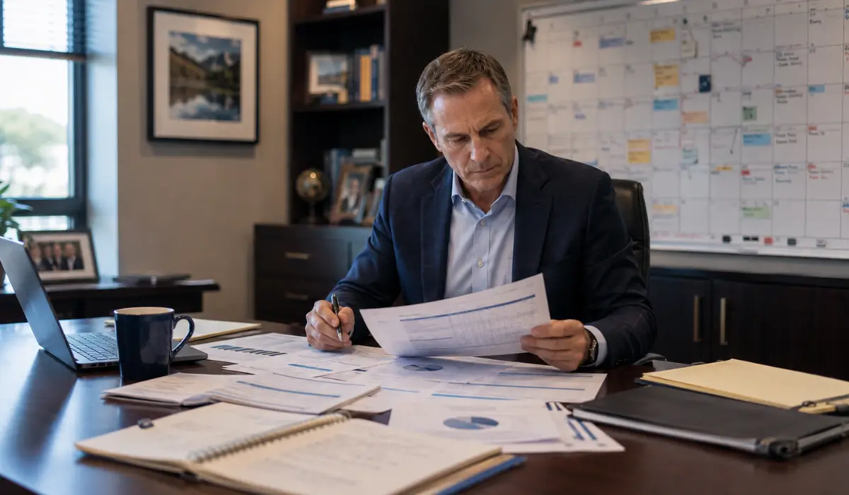 Executive reviewing financial reports and a planning schedule during a business restructuring.