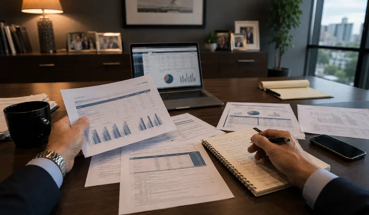 Executive reviewing financial reports and liquidity before deciding when to hire a restructuring advisor.
