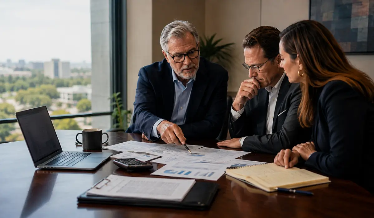 Business leaders reviewing financial reports with a restructuring advisory firm during a financial strategy meeting.